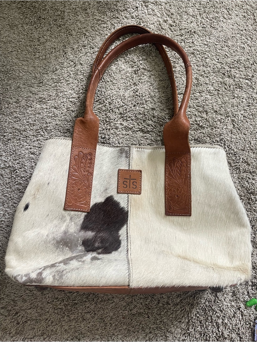 STS Ranchwear White & Brown Cowhide Tote with Embossed Leather Handles